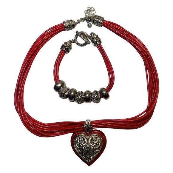 Vintage Red Paisley Swirl Heart Pendant Silver Statement Necklace Bracelet Set - Picture 3 of 6